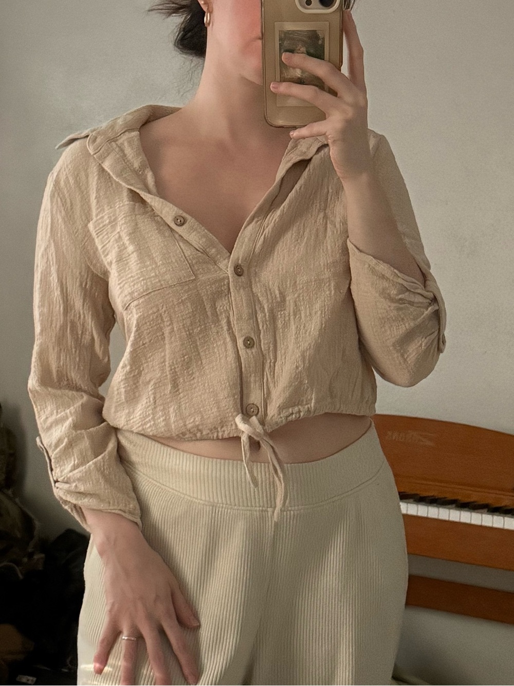 Timing Beige Textured Button-Front Drawstring Shirt - Picture 2 of 6